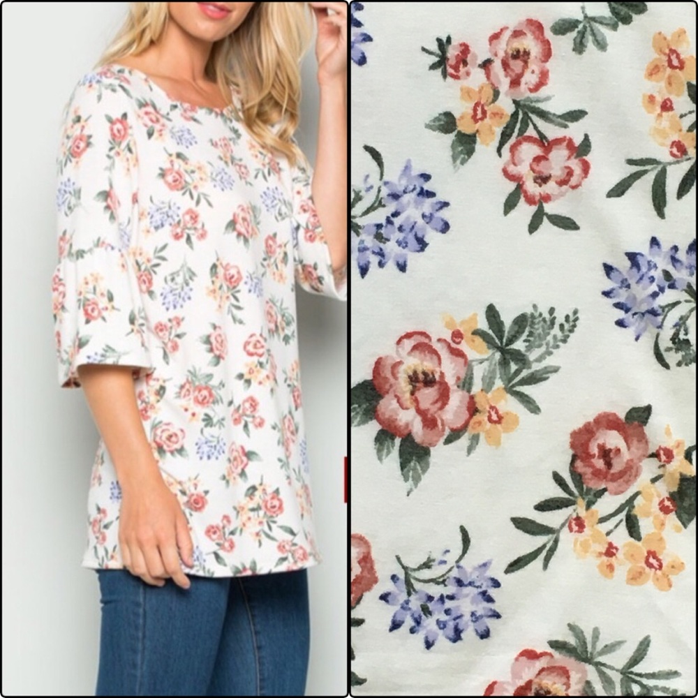 NWT Cream Floral Bell Sleeve Tunic Top - Picture 2 of 8